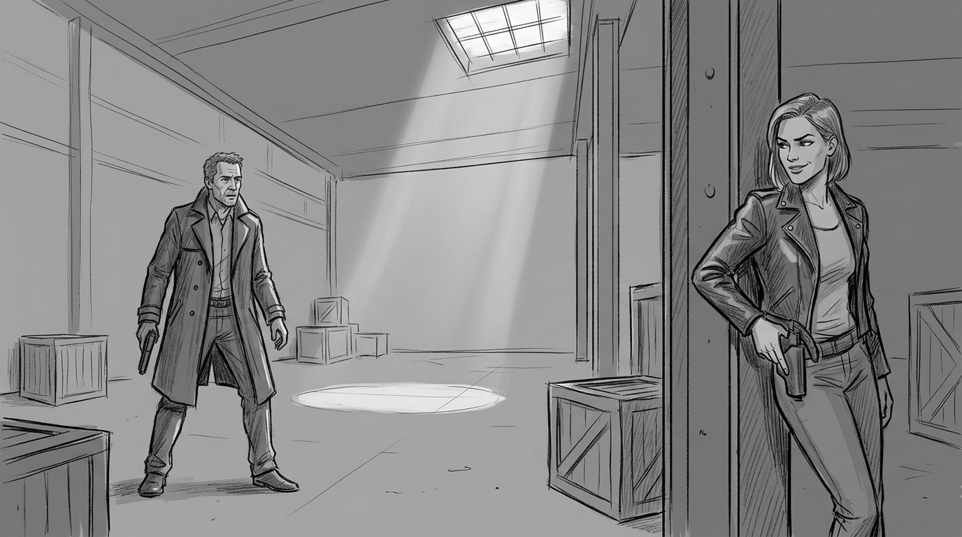 Hand-drawn storyboard frame: warehouse interior with two characters